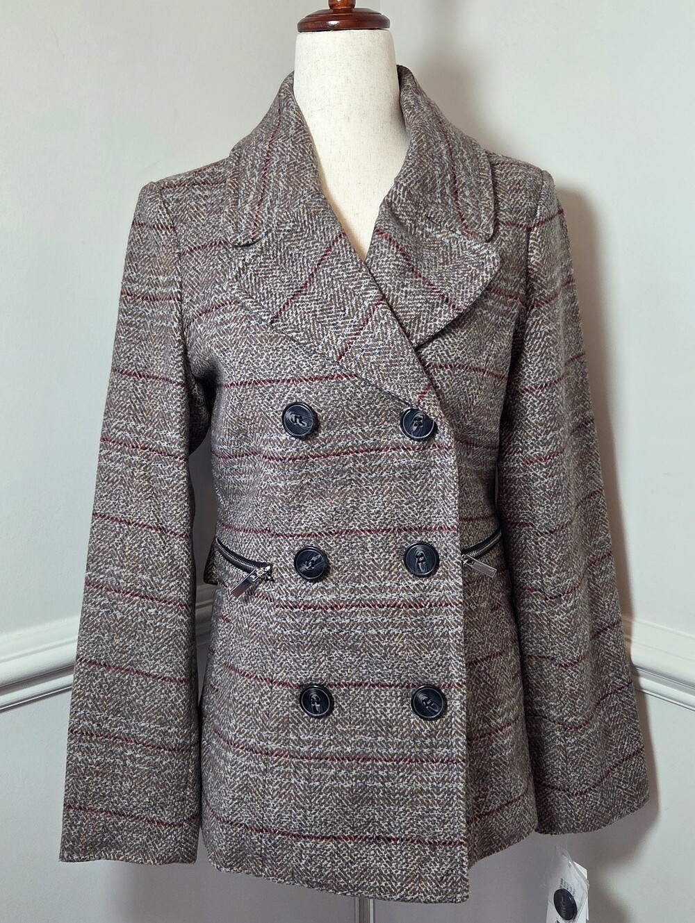 NWT Maralyn & Me Plaid Double Breasted Peacoat Wool Blend Jacket S
